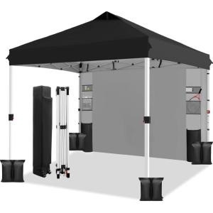 imageWEIZE 10x10 Pop Up Canopy TentOneButton Push SetupPop Up Tent with 1 Sidewall and 6 PocketsAdjustable Height Instant Portable Shelter4 Weight BagsSun Shade for Events ampamp Beach BlackBlack