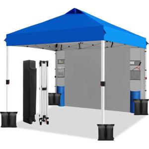 imageWEIZE 10x10 Pop Up Canopy TentOneButton Push SetupPop Up Tent with 1 Sidewall and 6 PocketsAdjustable Height Instant Portable Shelter4 Weight BagsSun Shade for Events ampamp Beach Blue