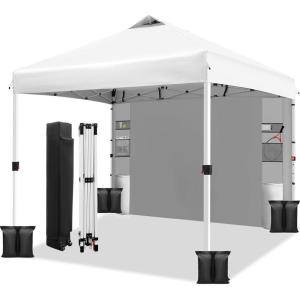 imageWEIZE 10x10 Pop Up Canopy TentOneButton Push SetupPop Up Tent with 1 Sidewall and 6 PocketsAdjustable Height Instant Portable Shelter4 Weight BagsSun Shade for Events ampamp Beach BlackWhite
