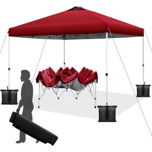 imageWEIZE 10x10 pop up Canopy Tent OneButton Push Setup Adjustable Height pop up Gazebo Instant Portable Shelter 4 Weight Bags Sun Shade for Events ampamp Camping Silver Coated TopRed