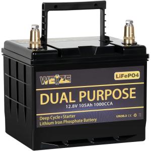imageWEIZE 12V 105AH Dual Purpose LiFePO4 Lithium Battery 1000CCA Group 31 Group 27 GC2 Starter Battery Plus Deep Cycle Performance Builtin Smart BMS Perfect for Automotive Trolling Motor Marine RV105AH StartDeep Cycle