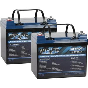 imageWEIZE 12V 36Ah LiFePO4 Lithium Battery Grade A Cells Built in BMS Low Temperature Protection Deep Cycle Battery 2000 Life Cycles Perfect for Marine Kids Scooters Power Wheels 2 Packs
