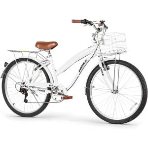 imageWEIZE Beach Cruiser Bike 26 inch Commuter Bicycle for Adult Men and Women 7SpeedHighCarbon SteelFront ampamp Rear Fenders Comfortable City Bikes with Rear Rack or Basket Ergonomic Upright DesignWhite