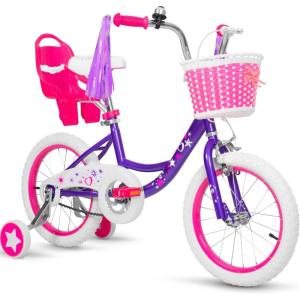 imageWEIZE Girls Bike for 312 Years Old Kids 14 16 20 Inch Kids Bike with Training Wheels Streamers Basket and Doll Seat Children Bicycles with Coaster Brake Multiple ColorsPurple