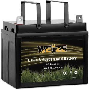 imageWEIZE Lawn Garden AGM Battery 12V 200CCA BCI Group U1 SLA Starting Battery for Lawn Tractors and Mowers Compatible with John Deere Toro Cub Cadet and CraftsmanU1200 CCA
