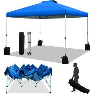 imageWEIZE Pop up Canopy Tent 10x10ft 1Button Push Setup Instant Portable Shelter Adjustable Height Portable Roller Bag 4 Weight Bags Guy Ropes ampamp Stakes Included BlueBlue