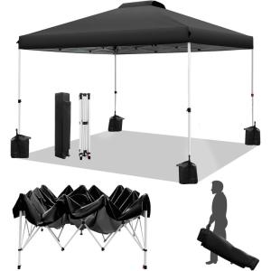 imageWEIZE Pop up Canopy Tent 10x10ft 1Button Push Setup Instant Portable Shelter Adjustable Height Portable Roller Bag 4 Weight Bags Guy Ropes ampamp Stakes Included Black