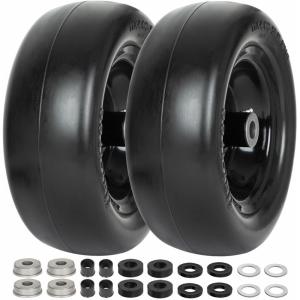 imageWEIZE Universal Fit 11x4005 Flat Free Tire and Wheel Assembly Zero Turn Lawn Mower Replacement Tires 34quot4quot45quot5quot Centered Hub 34quot or 58quot or 12quotBushings Adapter Kit included Set of 2Black