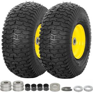 imageWEIZE Universal Fit 11x4005 Flat Free Tire and Wheel Assembly Zero Turn Lawn Mower Replacement Tires 34quot4quot45quot5quot Centered Hub 34quot or 58quot or 12quotBushings Adapter Kit included Set of 2Yellow